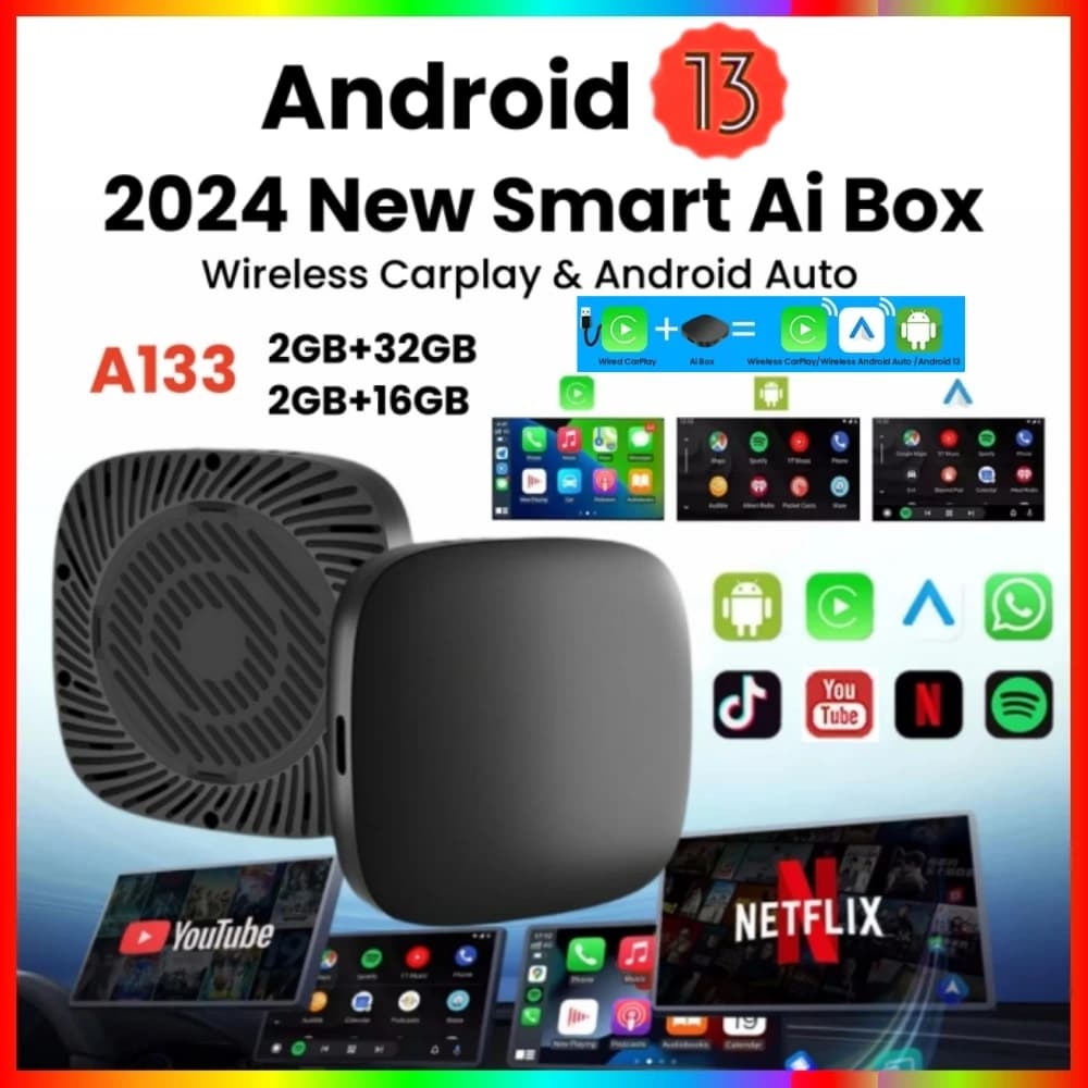 CarPlay AI Box z Androidem 13 – bezprzewodowy Android Auto, inteligentny TV Box do samochodu (YouTube, Netflix), kompatybilny m.in. z Toyota, Mazda, Hyundai, Haval, GMC, Ford, MG, VW, Kia 🚗📱📺