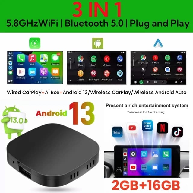CarPlay AI Box z Androidem 13 – bezprzewodowy Android Auto, inteligentny TV Box do samochodu (YouTube, Netflix), kompatybilny m.in. z Toyota, Mazda, Hyundai, Haval, GMC, Ford, MG, VW, Kia 🚗📱📺