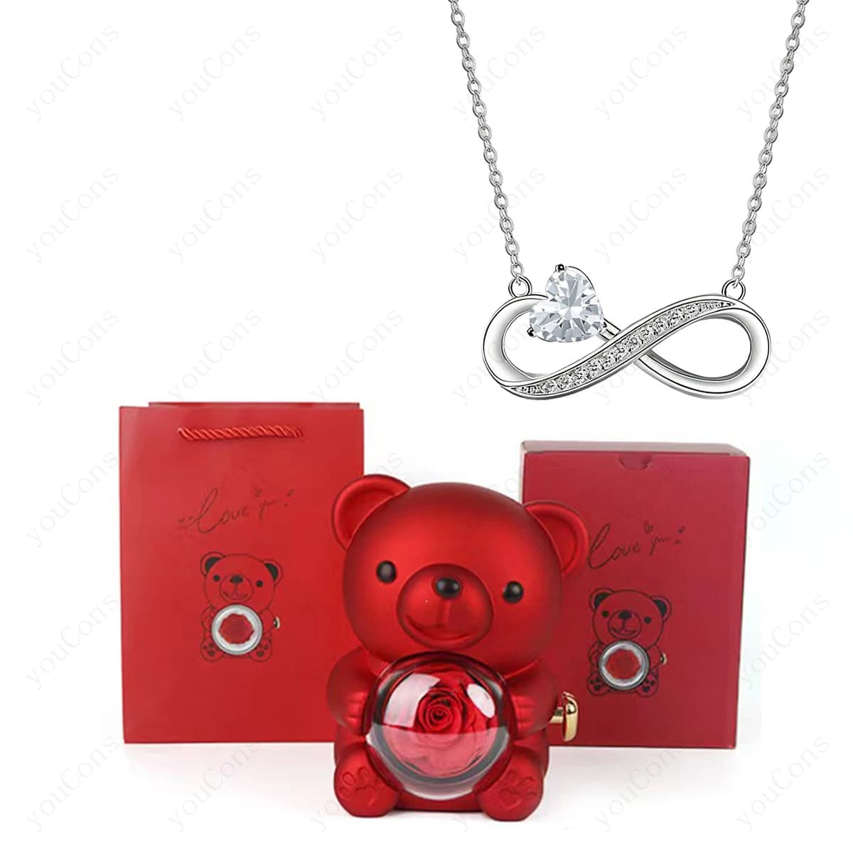 Naszyjnik z czerwonym sercem – zawieszka z uroczym misiem i różą, w pudełku prezentowym, idealny prezent na Dzień Matki, Walentynki, Boże Narodzenie dla kobiet ❤️🐻🌹