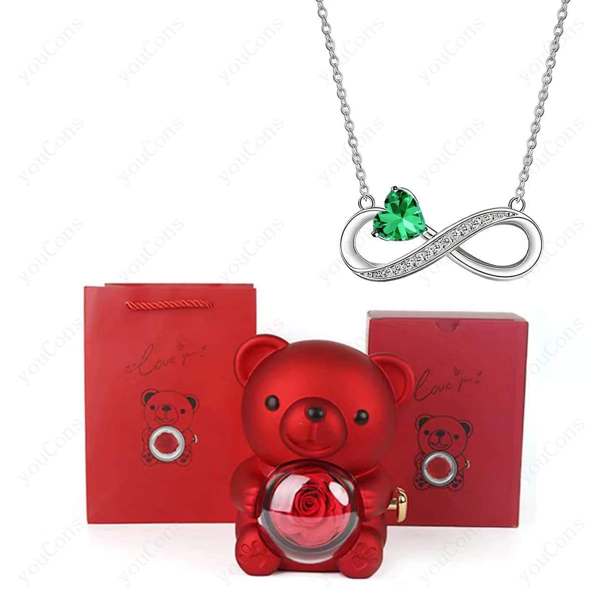 Naszyjnik z czerwonym sercem – zawieszka z uroczym misiem i różą, w pudełku prezentowym, idealny prezent na Dzień Matki, Walentynki, Boże Narodzenie dla kobiet ❤️🐻🌹