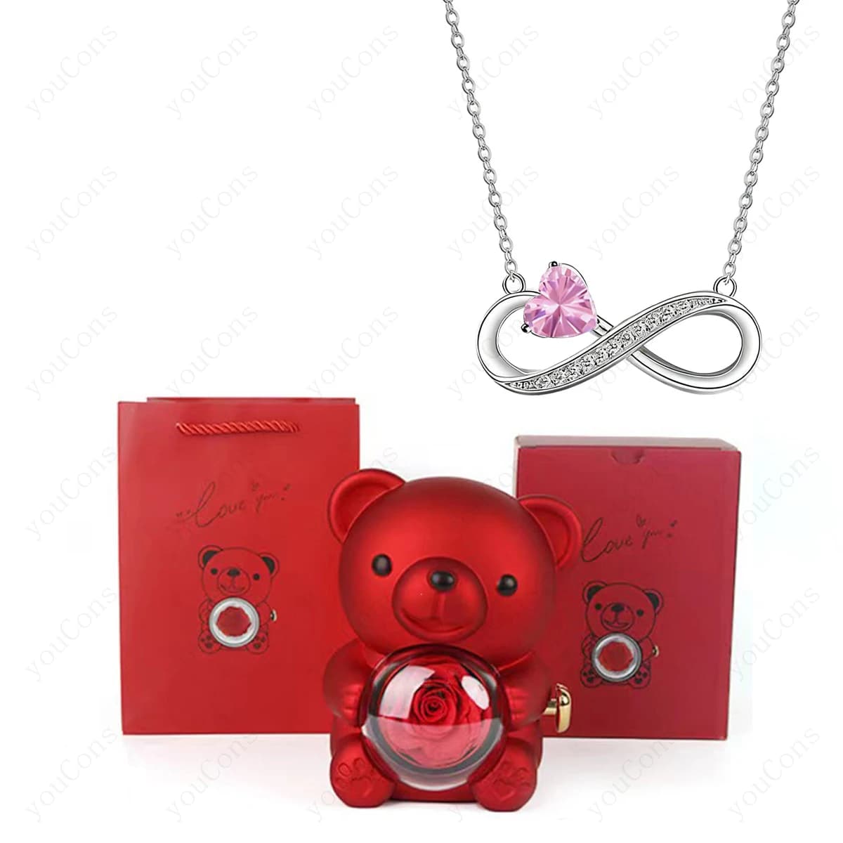 Naszyjnik z czerwonym sercem – zawieszka z uroczym misiem i różą, w pudełku prezentowym, idealny prezent na Dzień Matki, Walentynki, Boże Narodzenie dla kobiet ❤️🐻🌹