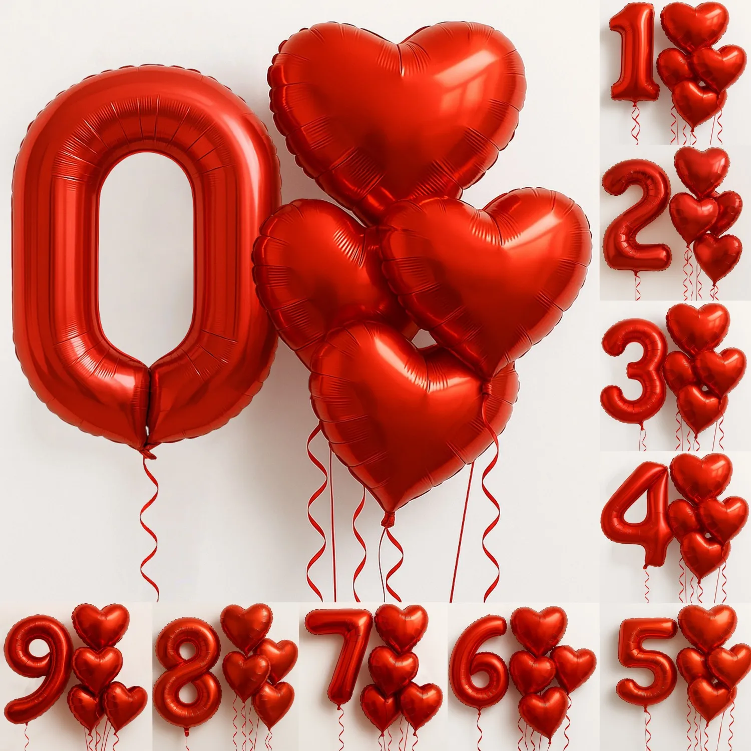6Pcs/Set 32in Red Foil Number and 18in Heart Balloons Valentine's Day Birthday Christmas Party Decorations Anniversary Halloween