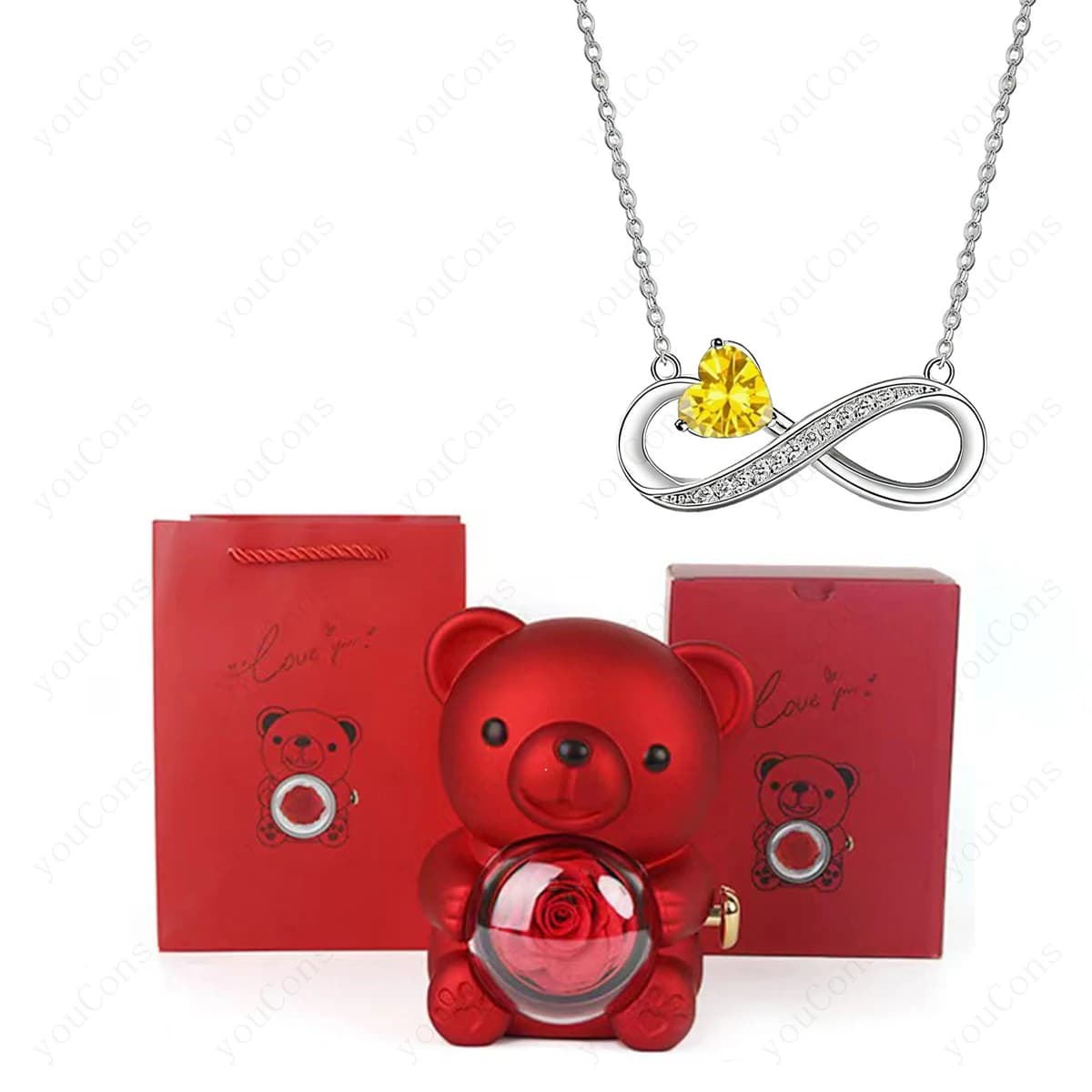 Naszyjnik z czerwonym sercem – zawieszka z uroczym misiem i różą, w pudełku prezentowym, idealny prezent na Dzień Matki, Walentynki, Boże Narodzenie dla kobiet ❤️🐻🌹